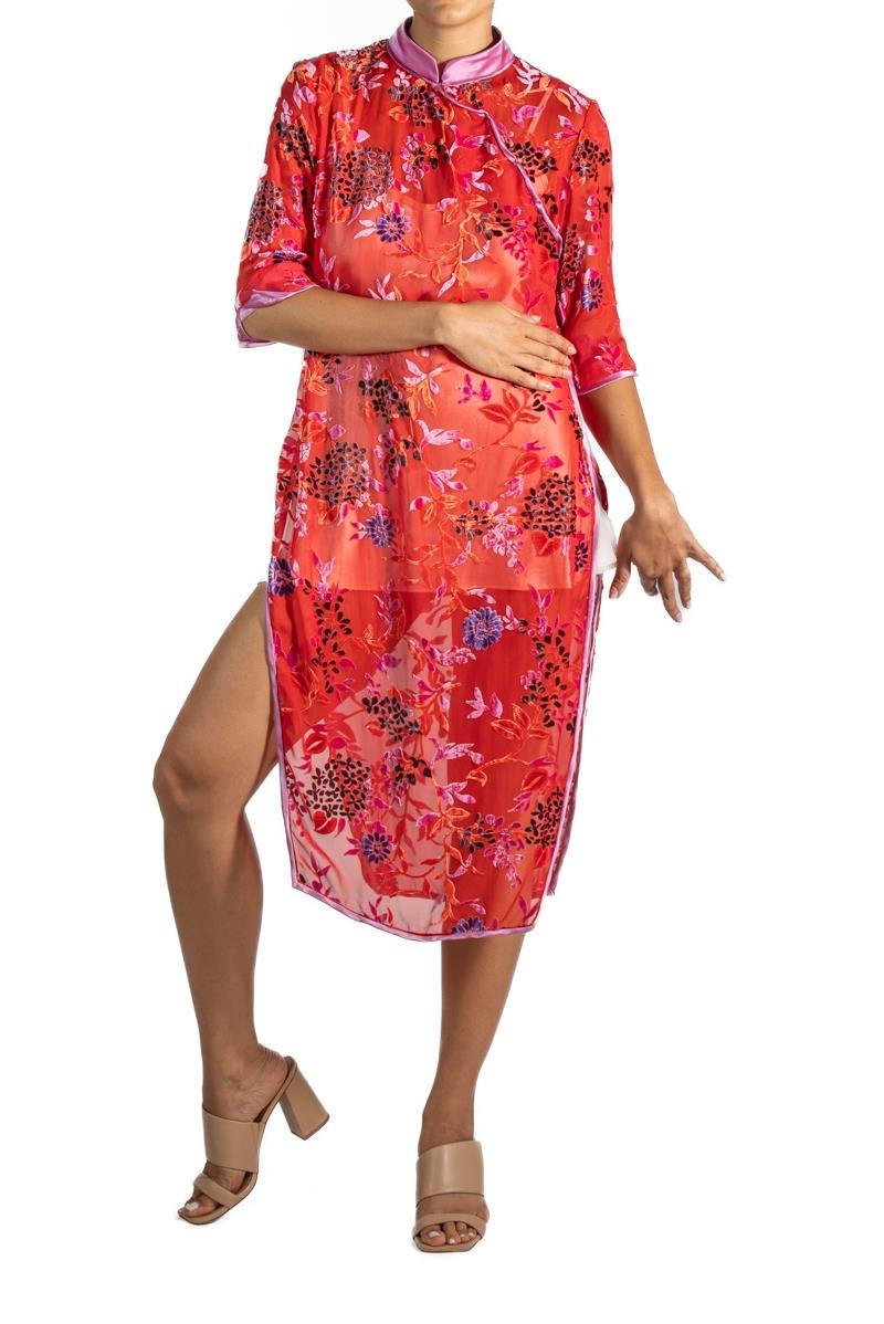 1940S Red Rayon & Silk Burnout Velvet Chinese  Slip Dress For Sale 1