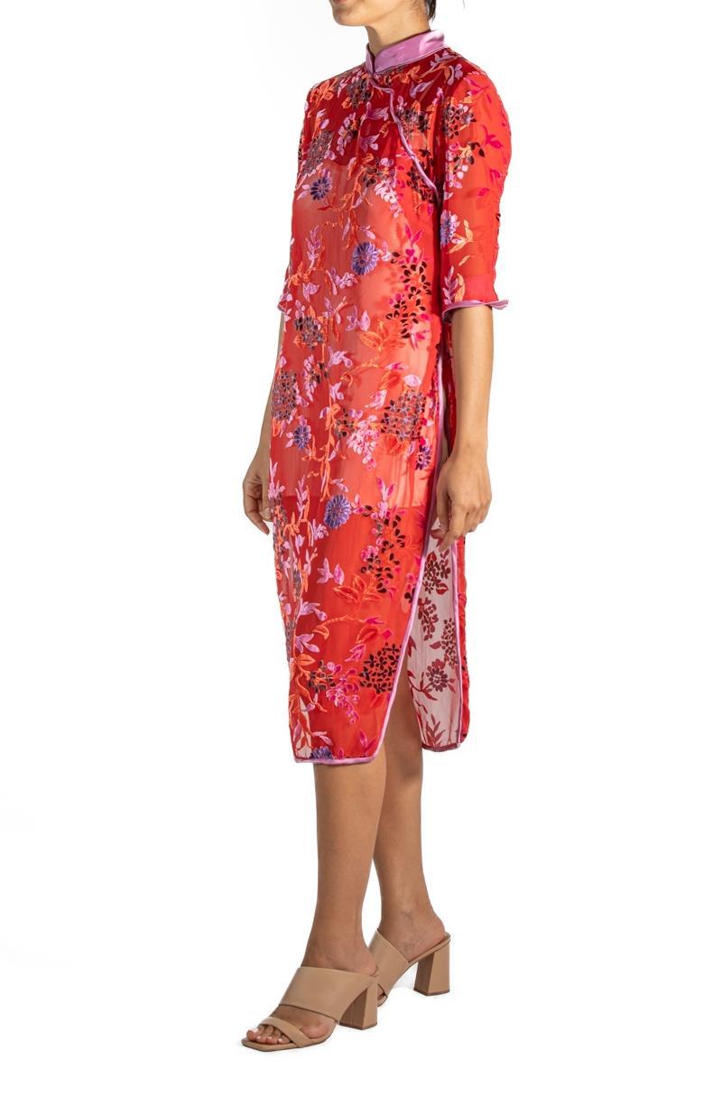 1940S Red Rayon & Silk Burnout Velvet Chinese  Slip Dress For Sale 4