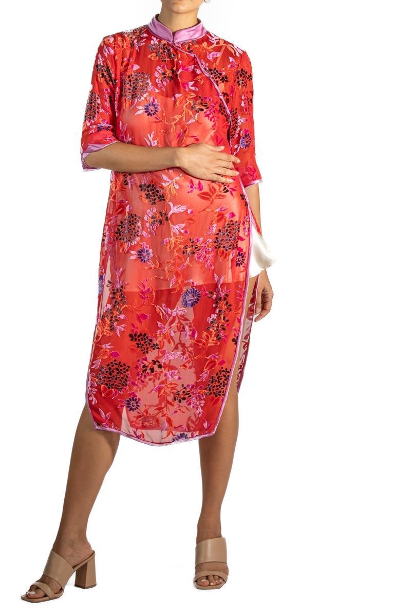 1940S Red Rayon & Silk Burnout Velvet Chinese  Slip Dress For Sale 5