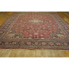 1940s Red Rust Floral Medallion Antique Kashan Mohtasham Knotted Wool Carpet Rug