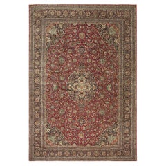 1940s Red Rust Floral Medallion Antique Kashan Mohtasham Knotted Wool Carpet Rug