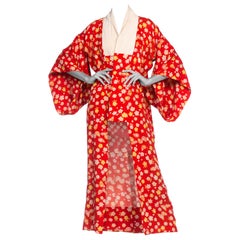 1940's Red Silk Jacquard Japanese Kimono