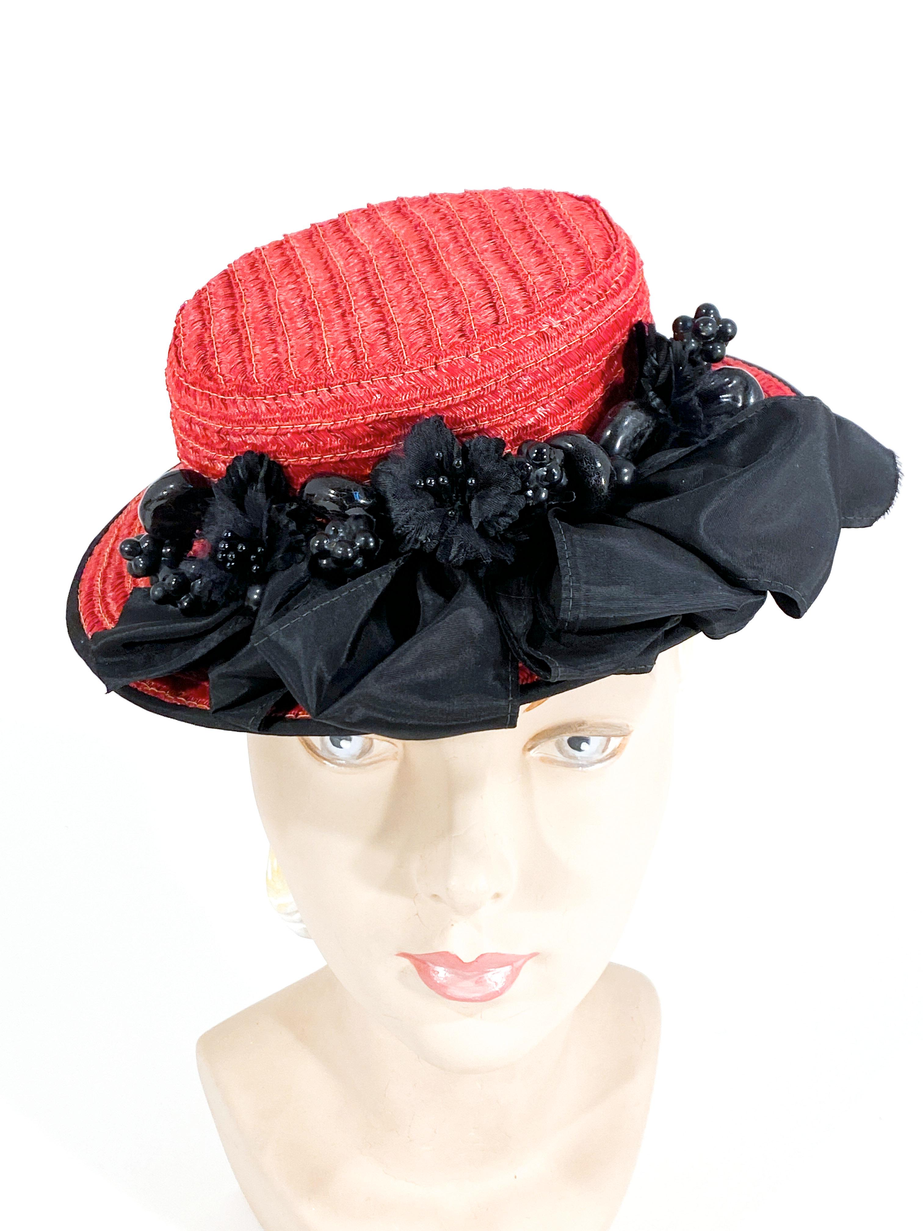 Gray 1940s Red Straw Toy Pork Pie Perch Hat For Sale
