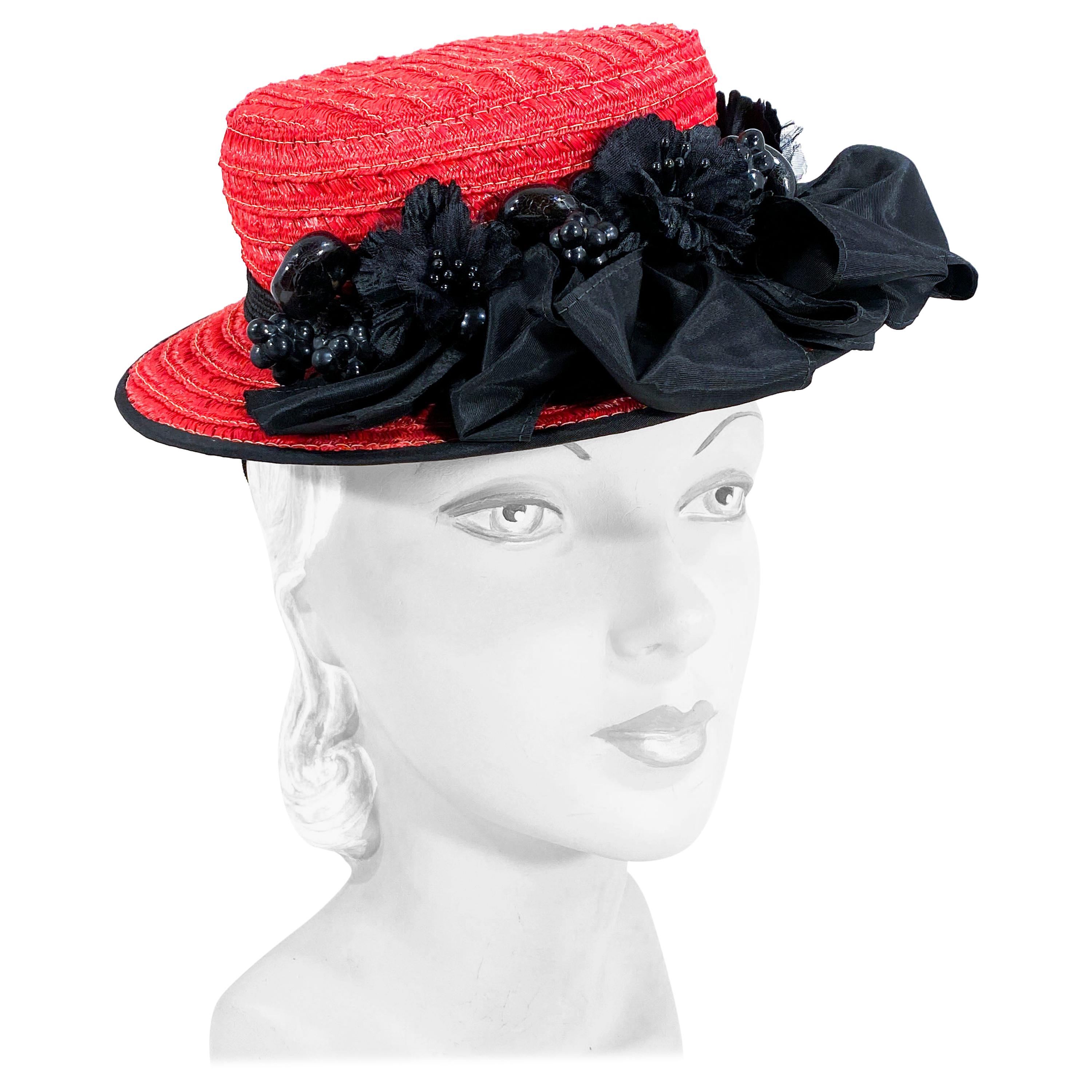 1940s Red Straw Toy Pork Pie Perch Hat For Sale