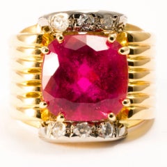 1940s Red Tourmaline Diamond 18K White and Yellow Gold Ring