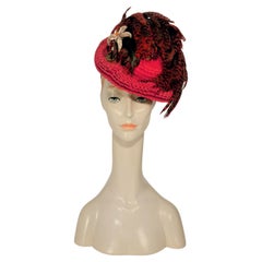 1940s Red Toy/Percg/Tilt Hat with Black and Red Striped Feathers by The Emporium