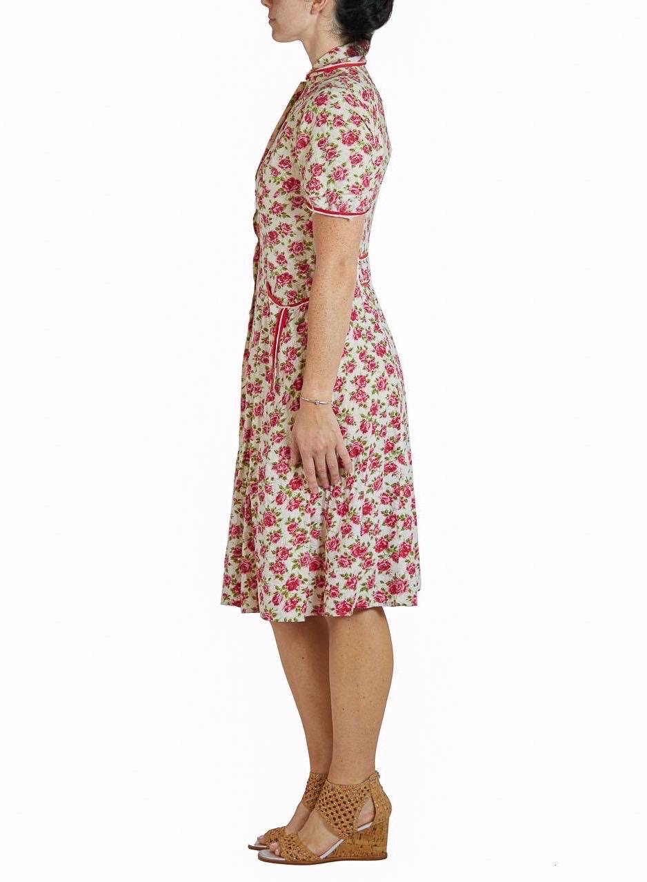 Women's 1940S Red & White Floral Cotton Short Sleeve Dress For Sale