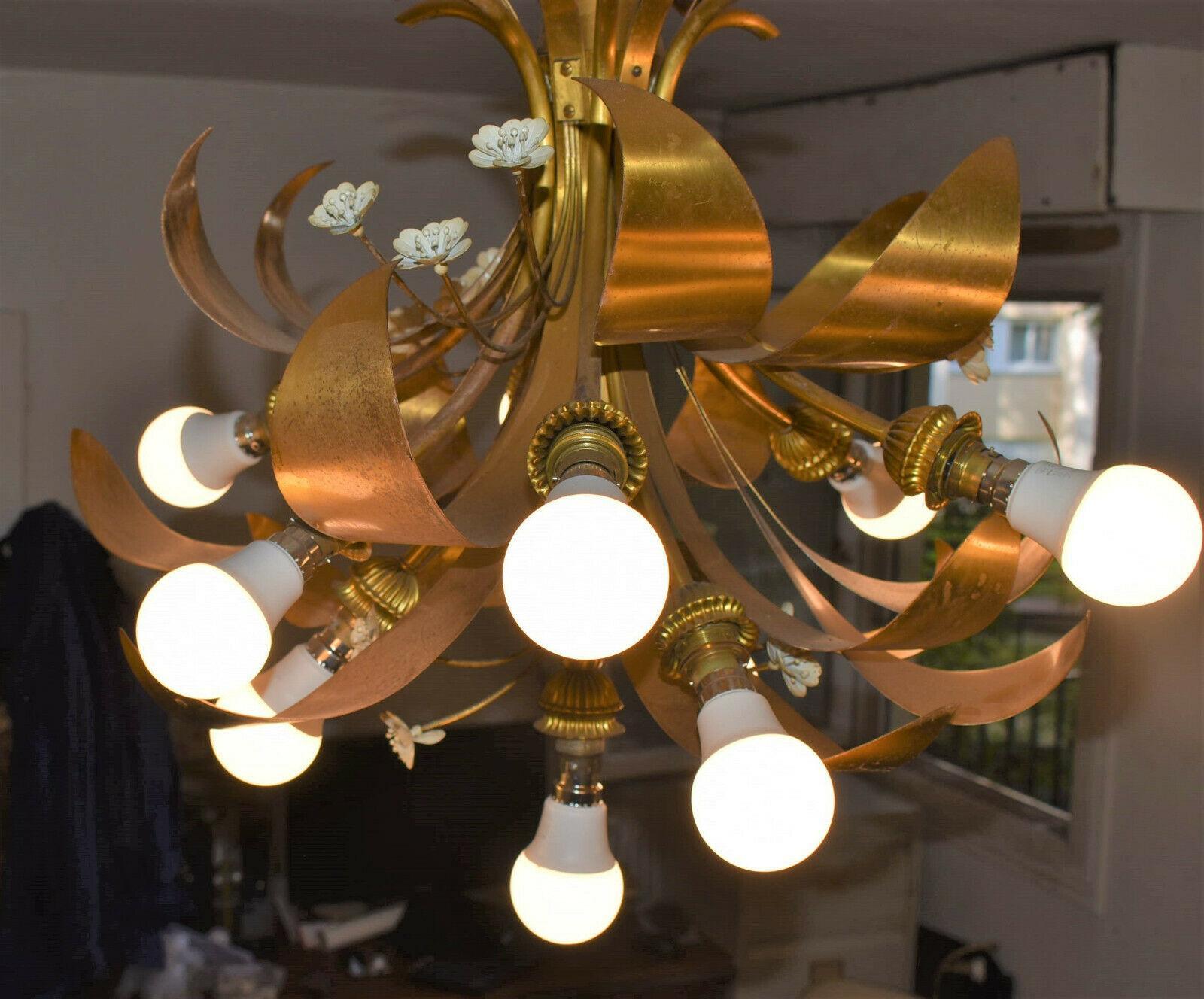 1940's Regency 10 Light Dore Floral Form Chandelier Attrib. Maison Jansen In Good Condition For Sale In Opa Locka, FL