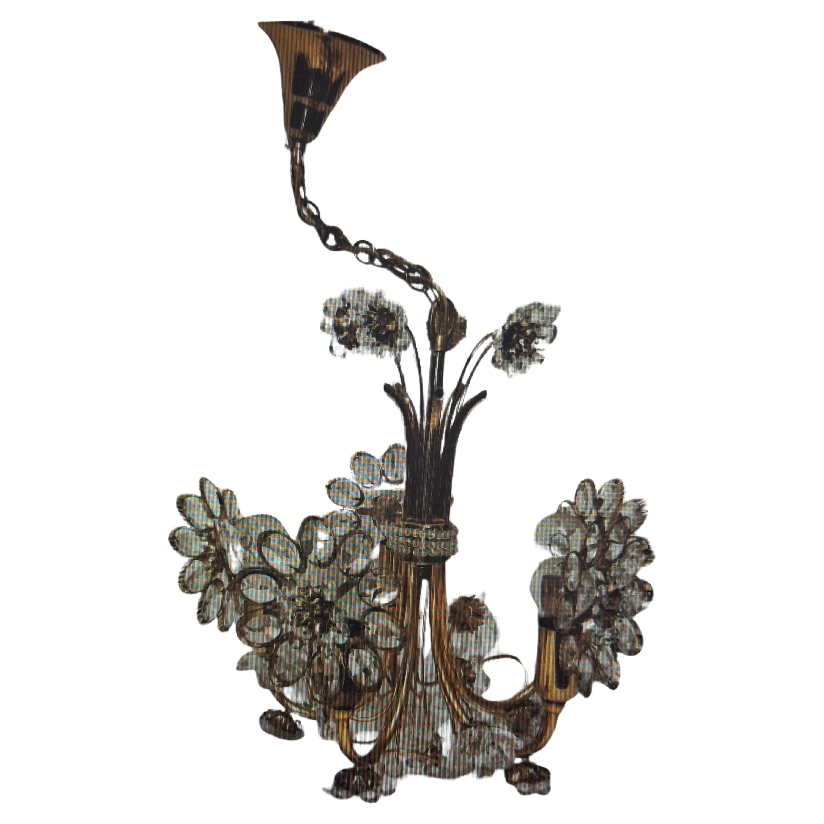 1940's Regency - Cut Crystal/ 24K Gold Framed Floral Form 5 Light Chandelier