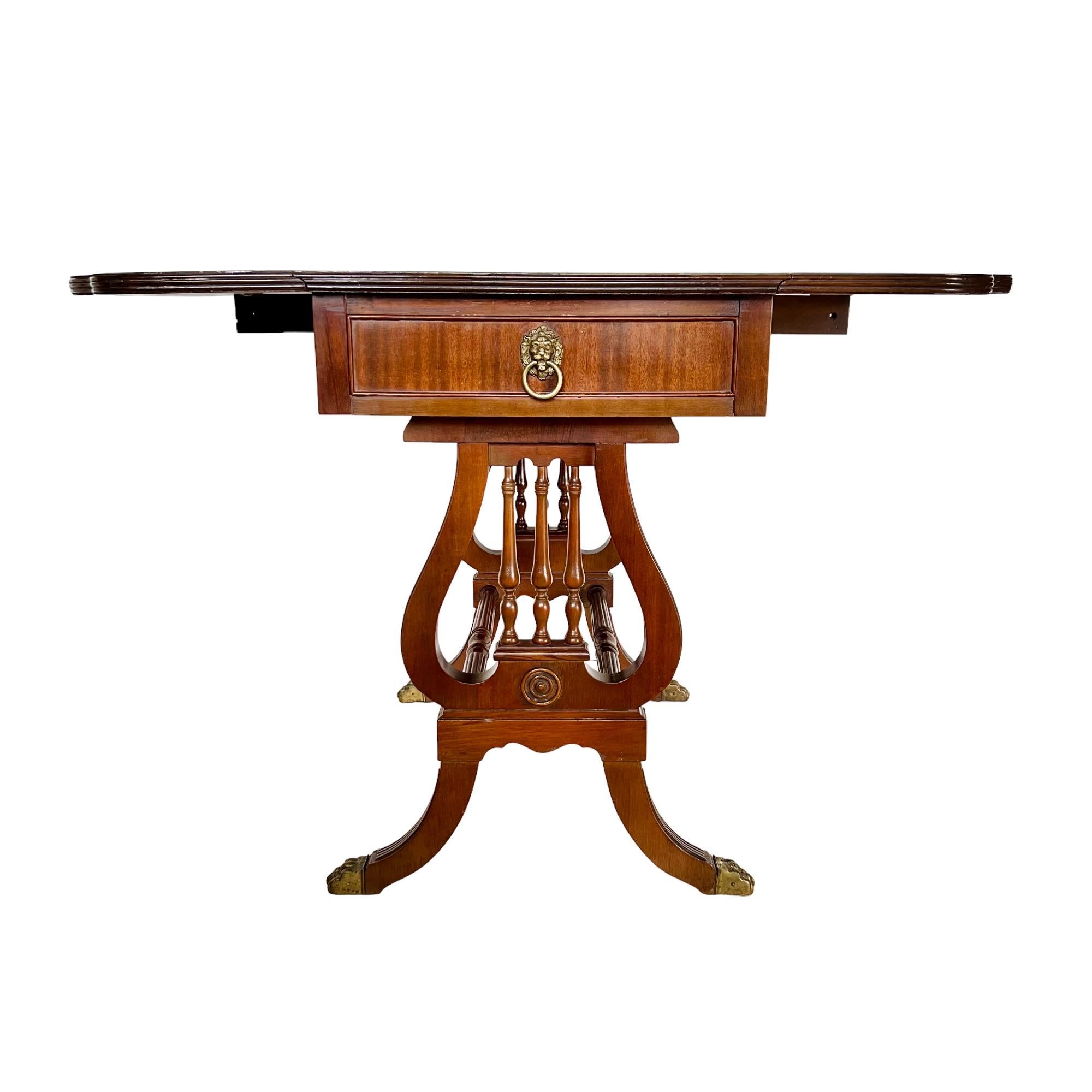 Turned 1940s Regency Mahogany Drop-Leaf Lyre Table For Sale