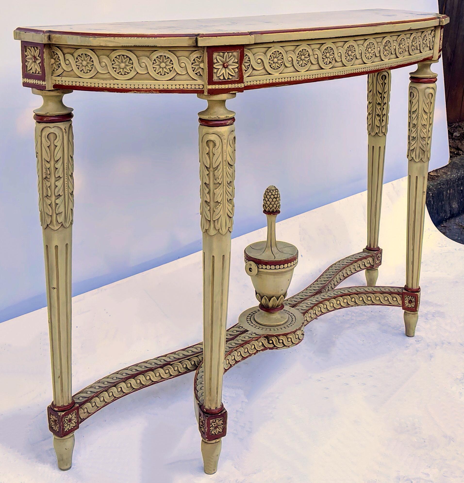 1940s Regency Maison Jansen Style Heavily Carved and Painted Console Table  In Good Condition In Kennesaw, GA