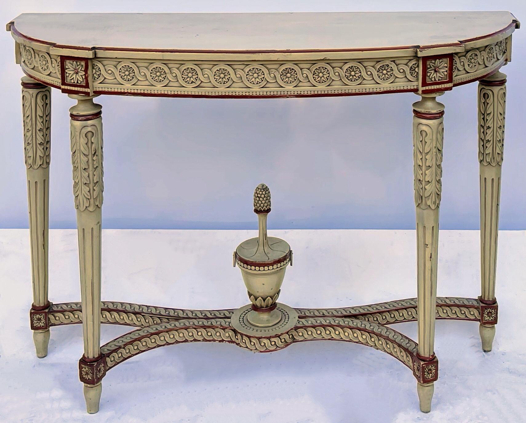 Wood 1940s Regency Maison Jansen Style Heavily Carved and Painted Console Table 