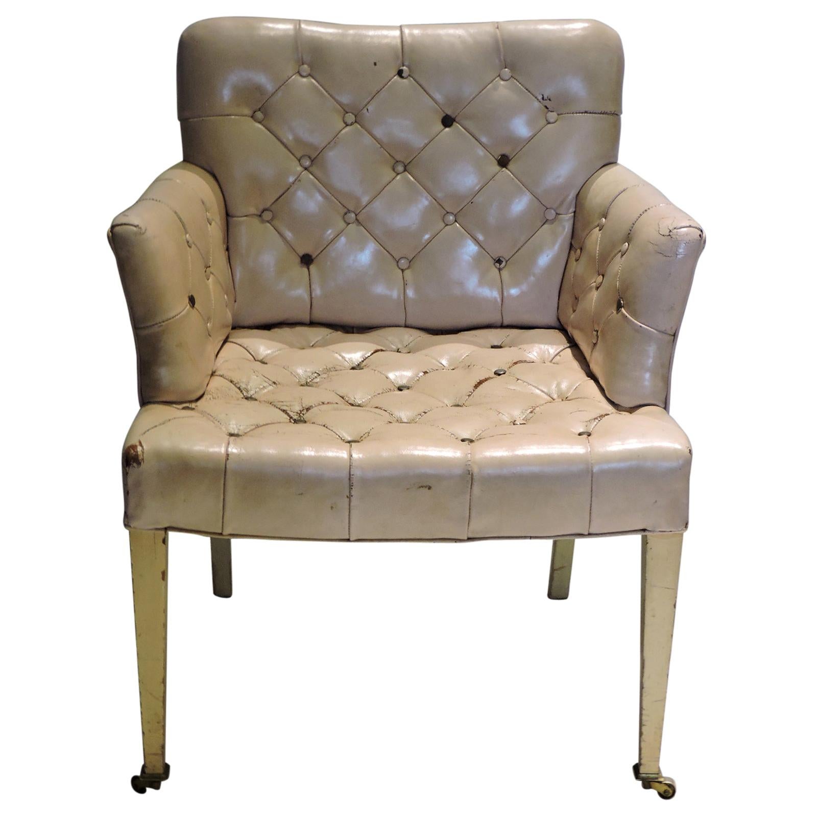 1940s Regency Pink Leather Button Tufted Chair