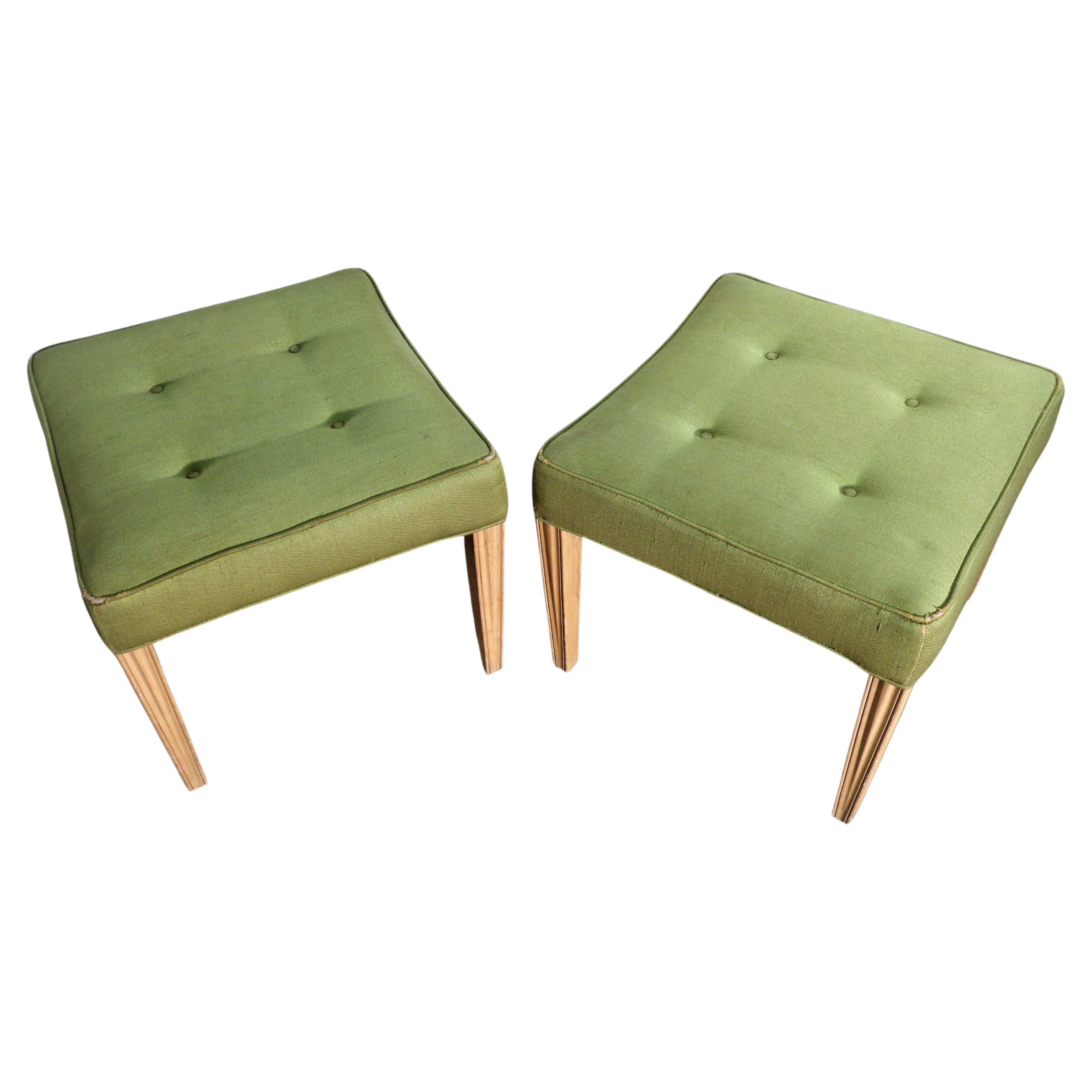 A good looking pair of 1940's regency style stools in the original button tufted contoured upholstered chartreuse cotton seats w/ beautifully aged cream painted reeded tapered wood legs. Look at all pictures and read condition report in comment