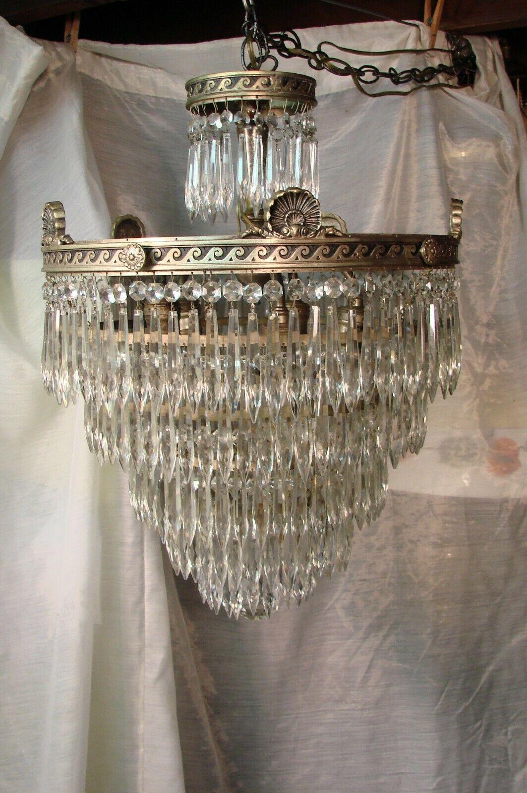 1940s Regency/ Rococo 5 Tiered Cascading Crystal Flush Mount/ Chandelier In Good Condition For Sale In Opa Locka, FL