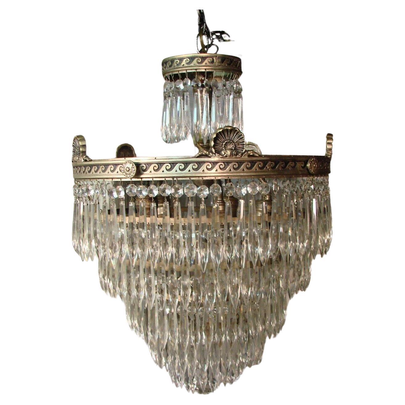 1940s Regency/ Rococo 5 Tiered Cascading Crystal Flush Mount/ Chandelier For Sale