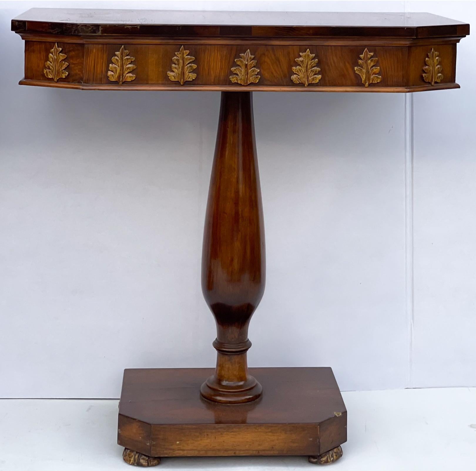 American 1940s Regency Style Carved Walnut and Gilt Console Tables, Pair For Sale