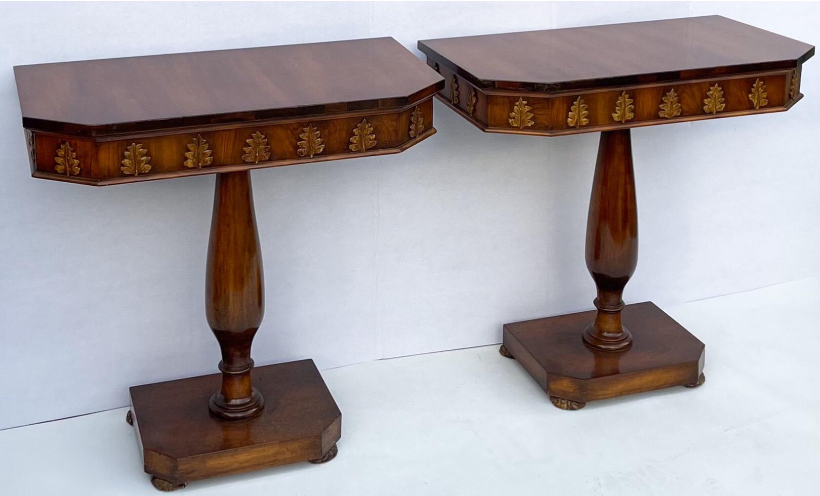 Mid-20th Century 1940s Regency Style Carved Walnut and Gilt Console Tables, Pair For Sale