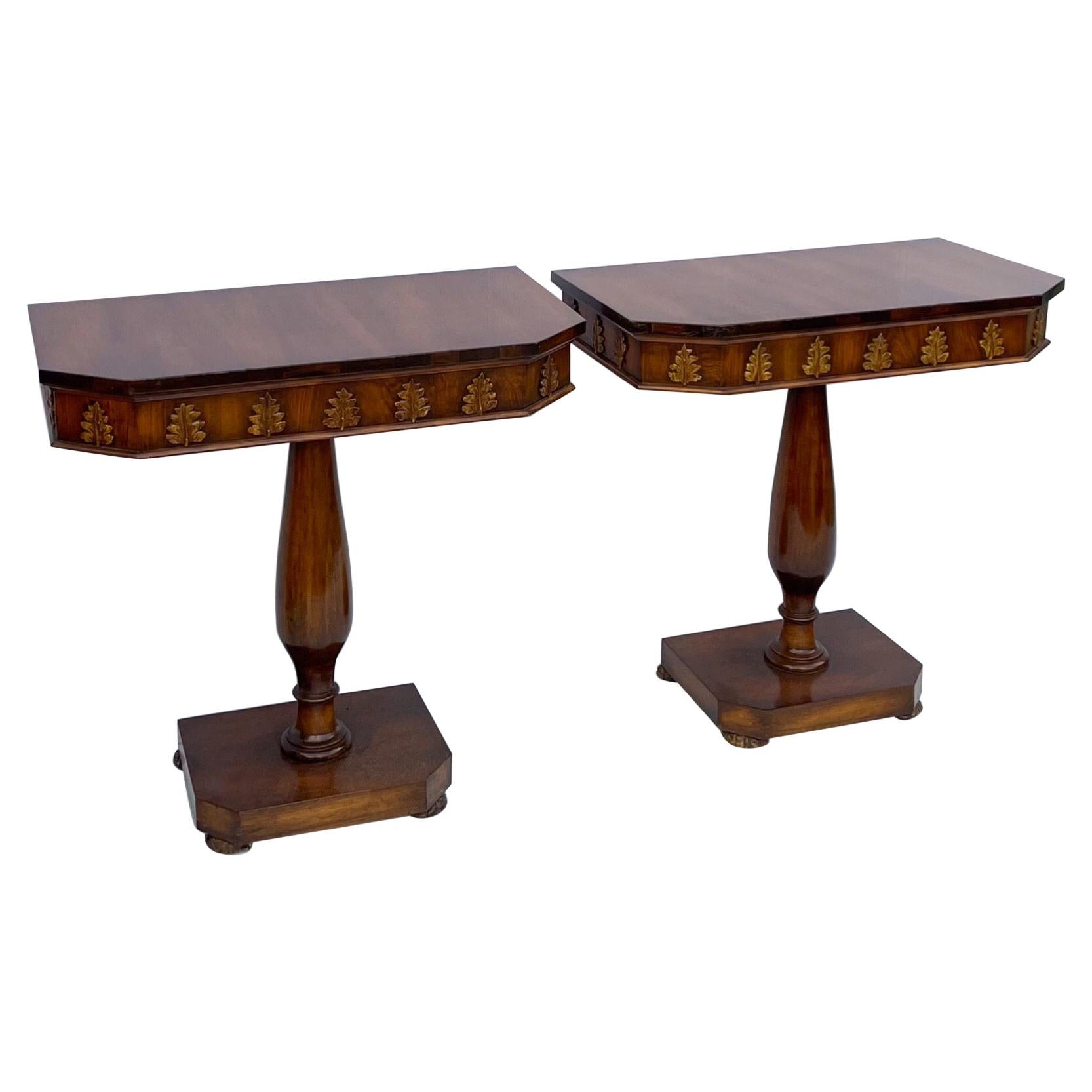 1940s Regency Style Carved Walnut and Gilt Console Tables, Pair For Sale