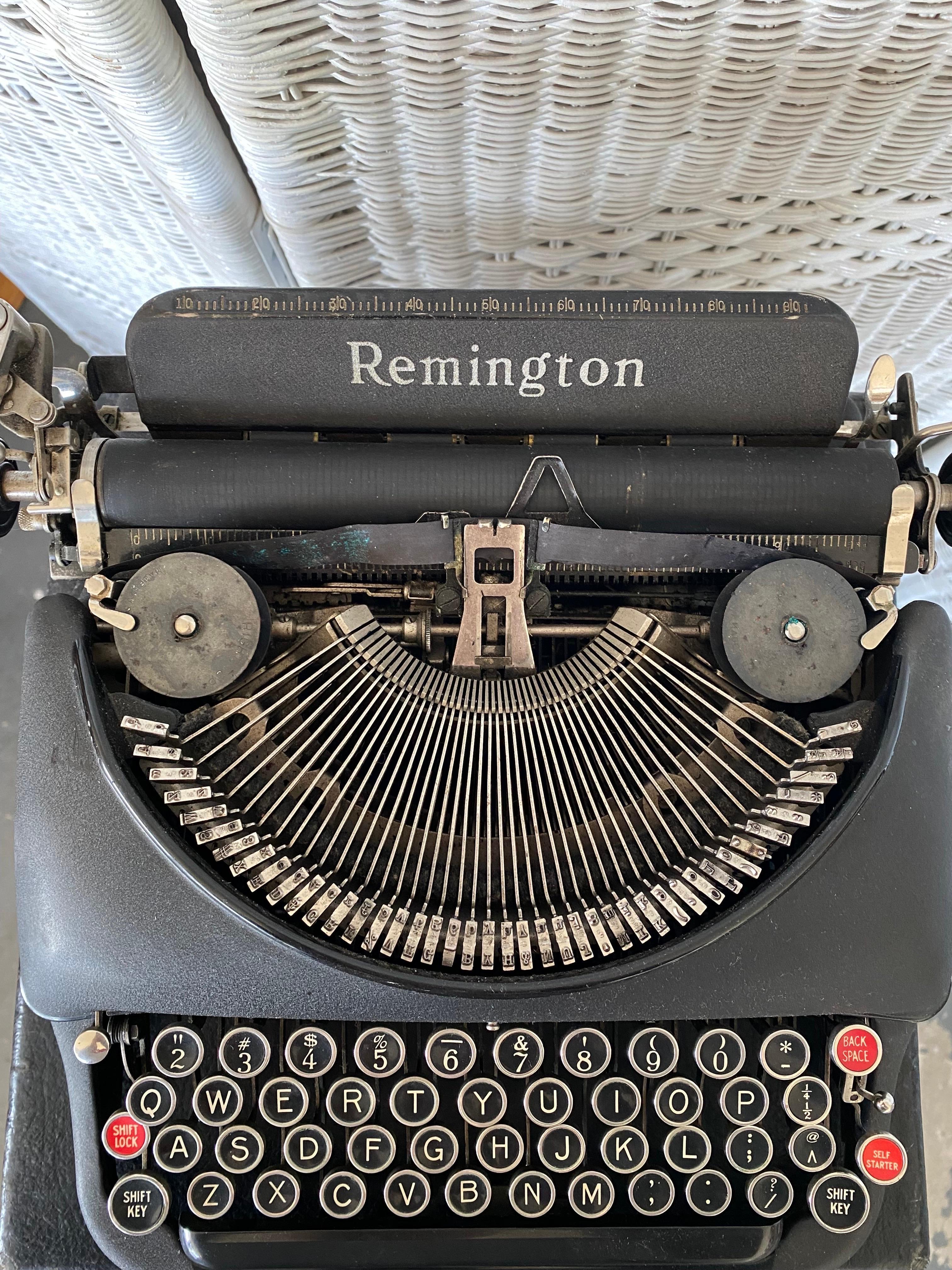 Industrial 1940s Remington Model 5 Portable Black Typewriter with Case 