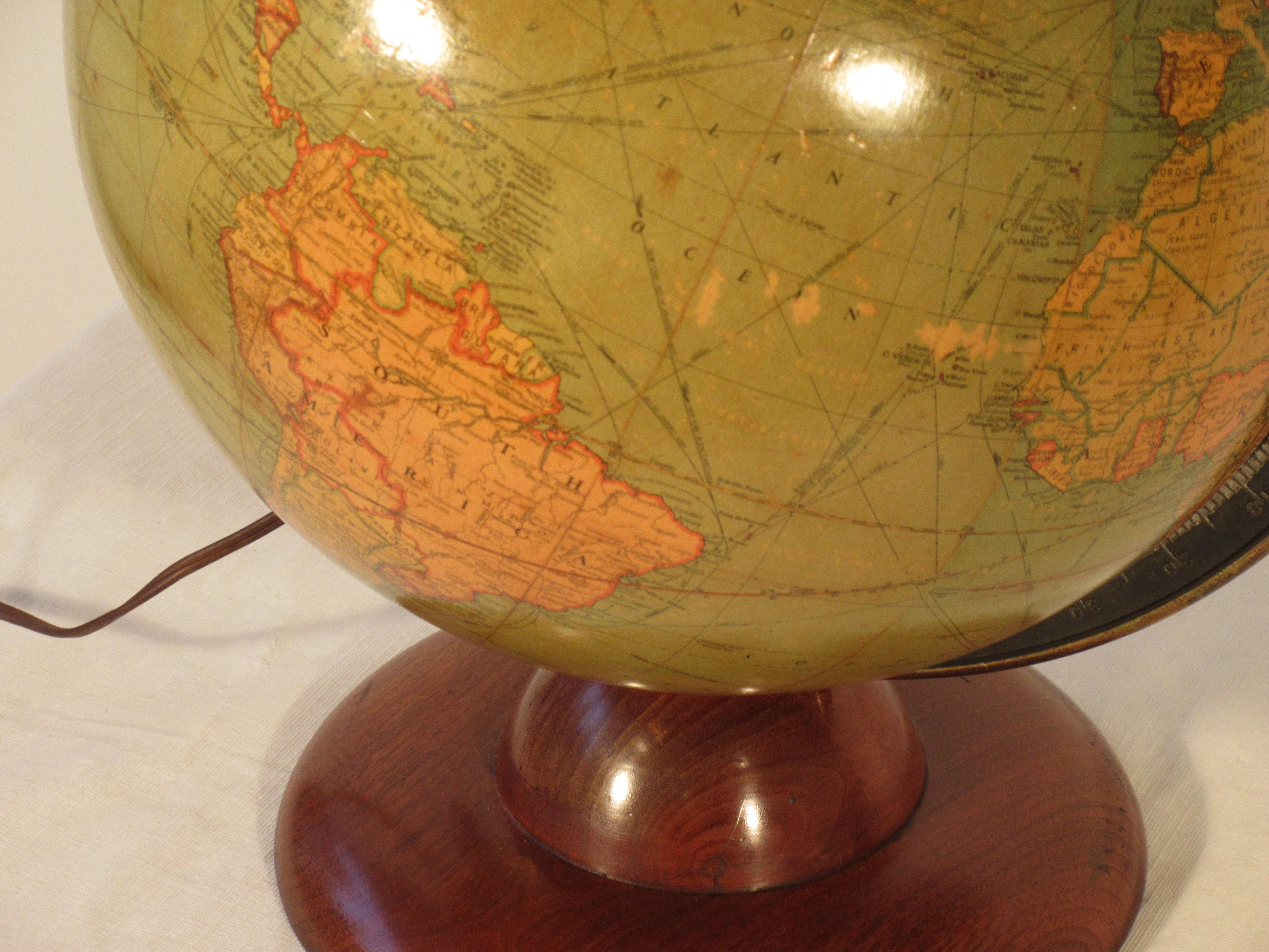 1940s Replogle Light Up Library Glass Globe On Wood Base  For Sale 6