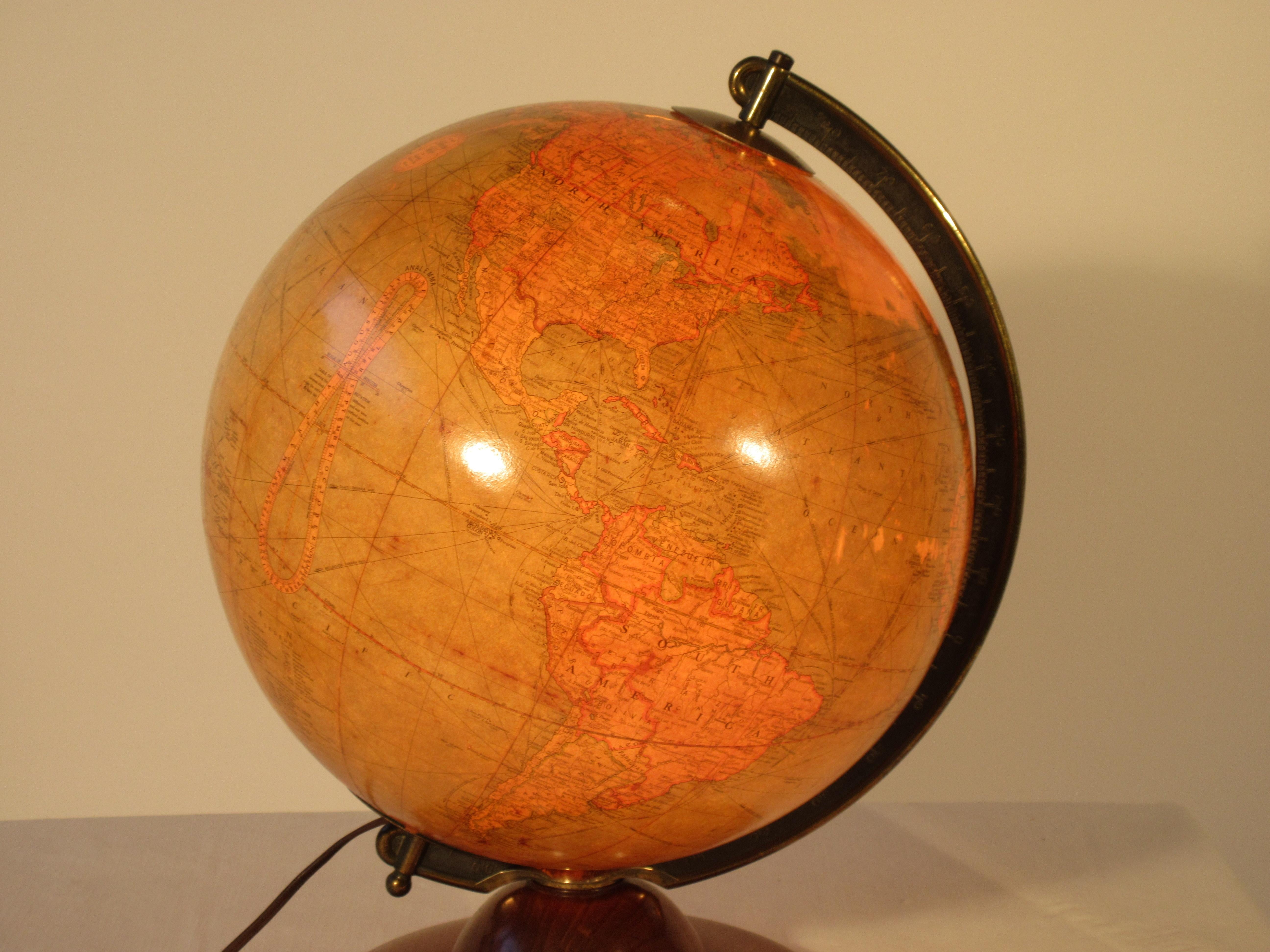 1940s Replogle Light Up Library Glass Globe On Wood Base  In Good Condition For Sale In Tarrytown, NY