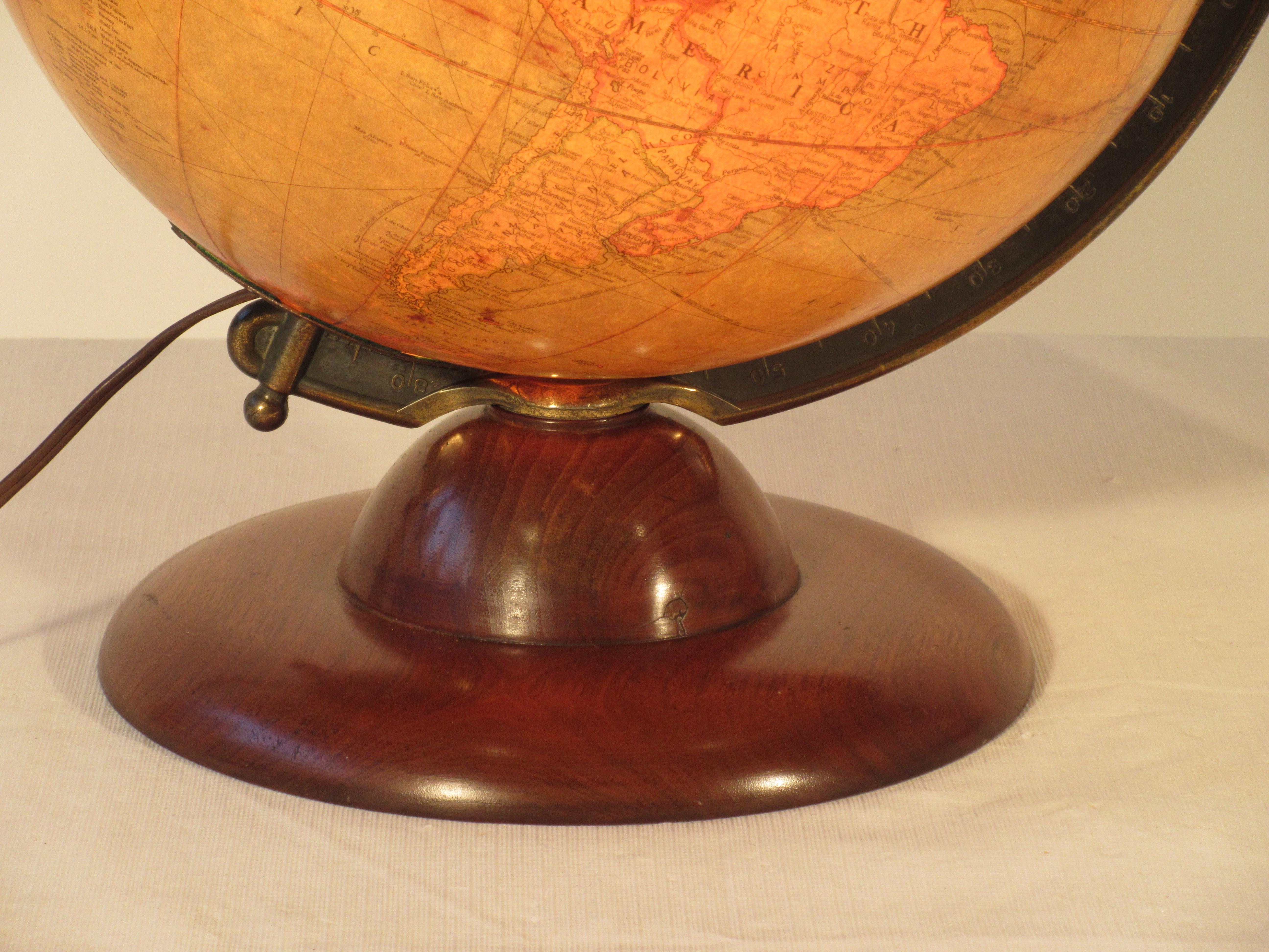 Metal 1940s Replogle Light Up Library Glass Globe On Wood Base  For Sale