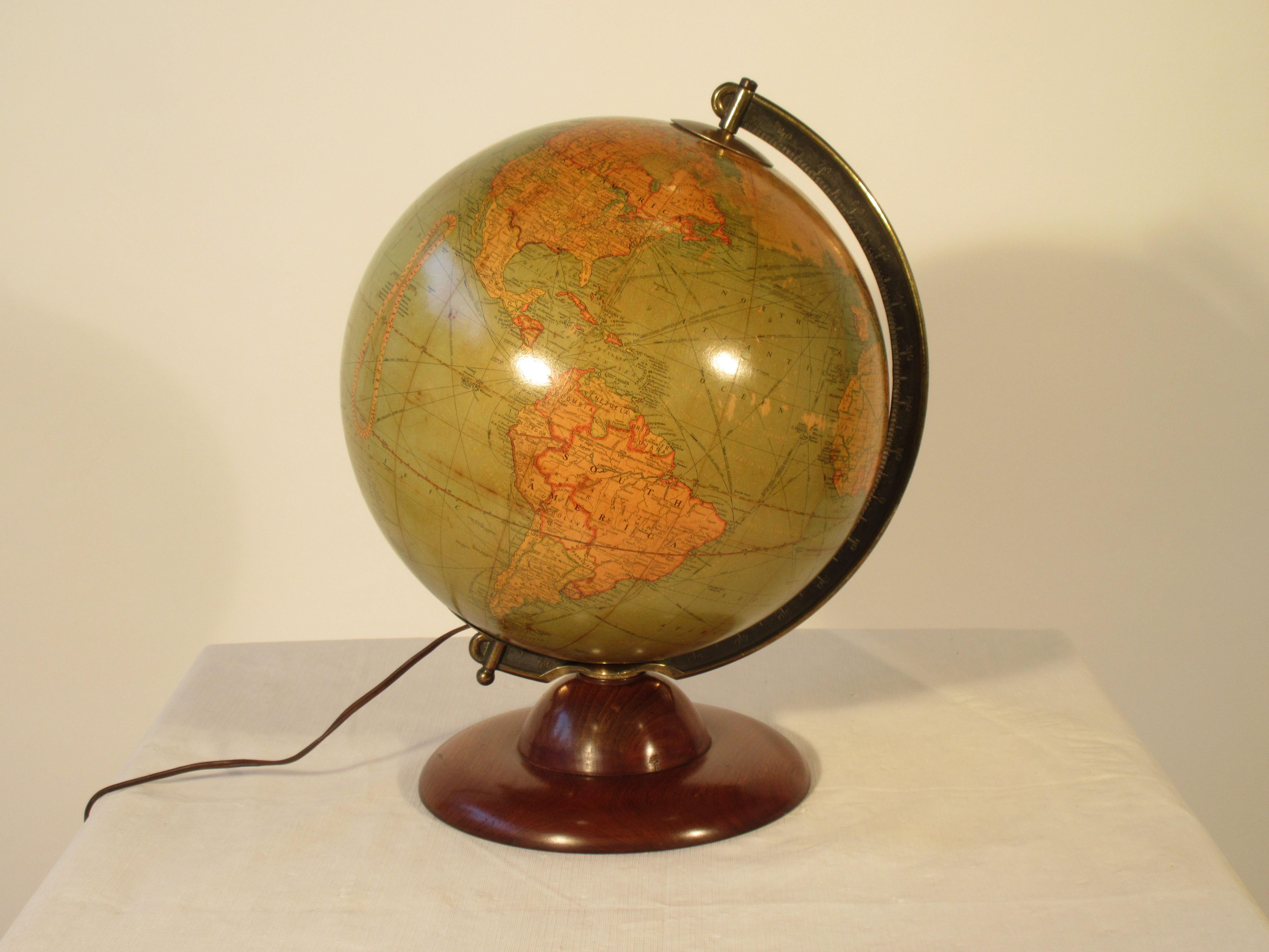 1940s Replogle Light Up Library Glass Globe On Wood Base  For Sale 1