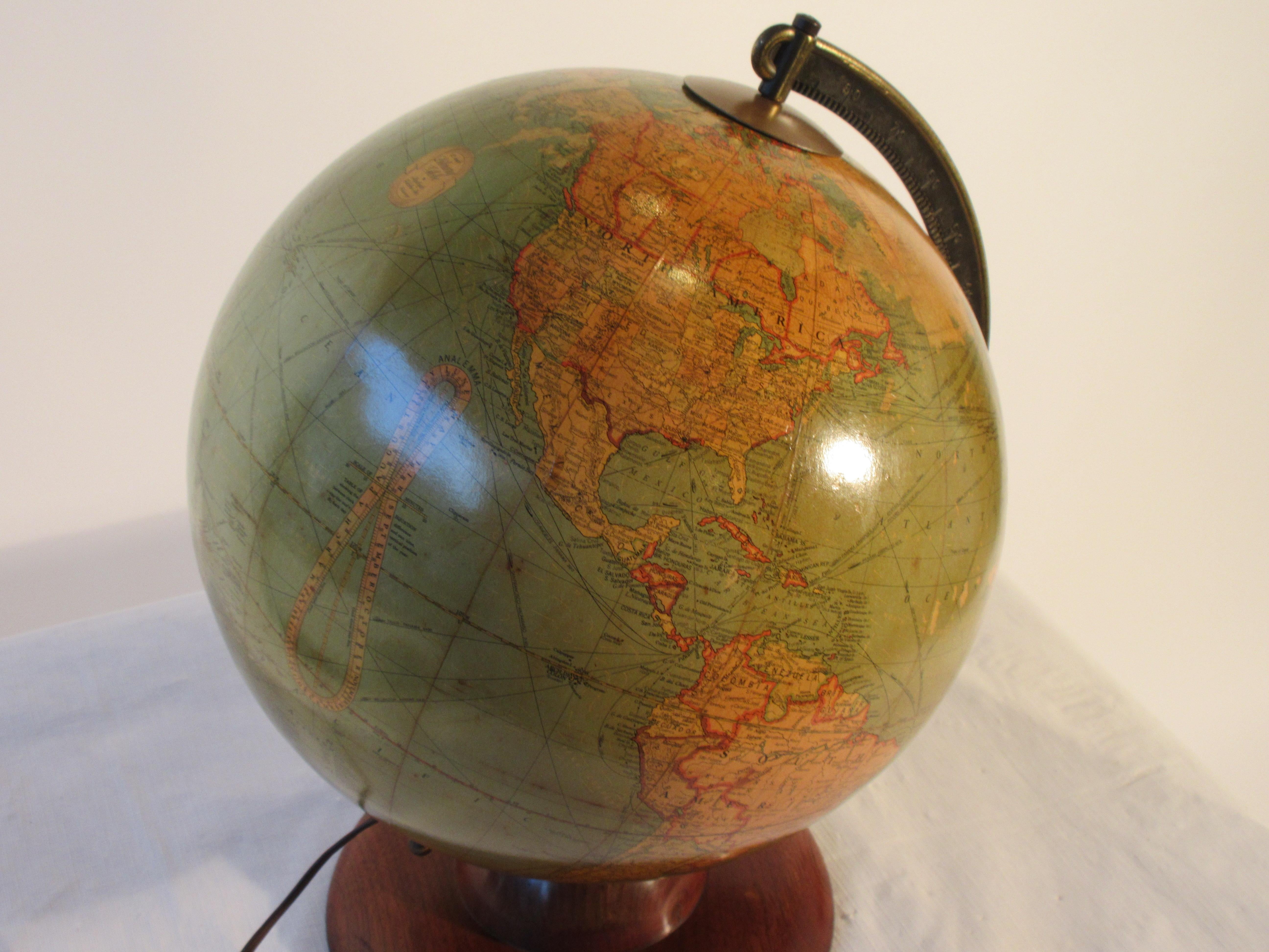 1940s Replogle Light Up Library Glass Globe On Wood Base  For Sale 2