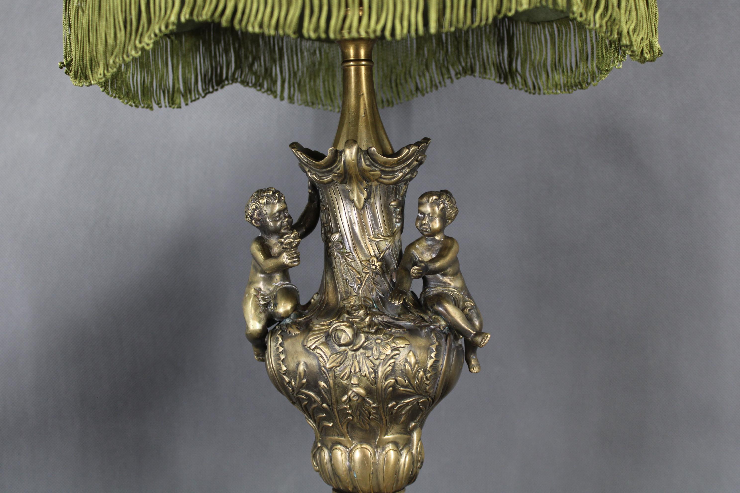 Art Deco 1940s Restored Brass and marble Table Lamp with Fabric Shade For Sale