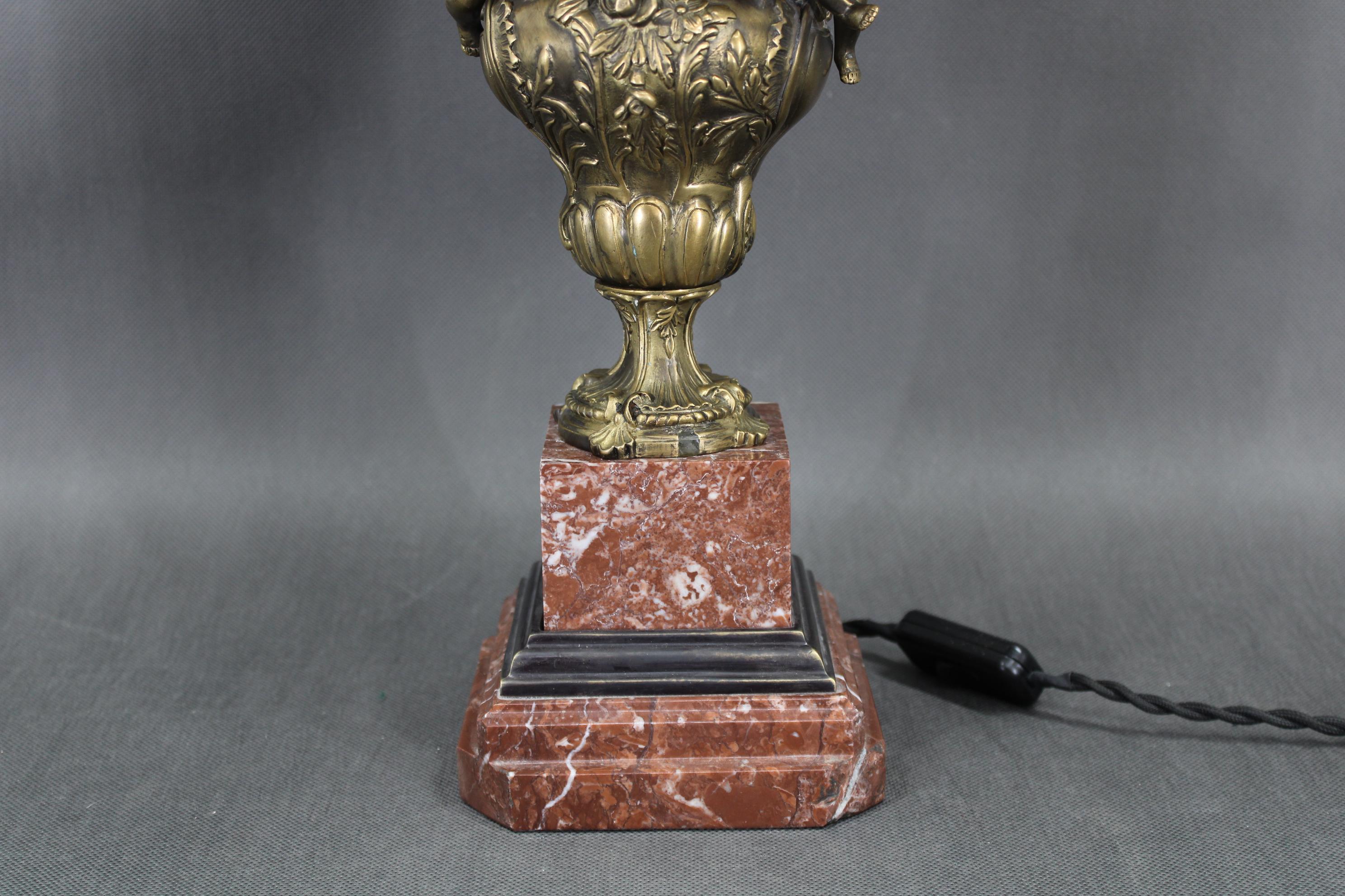 Czech 1940s Restored Brass and marble Table Lamp with Fabric Shade For Sale