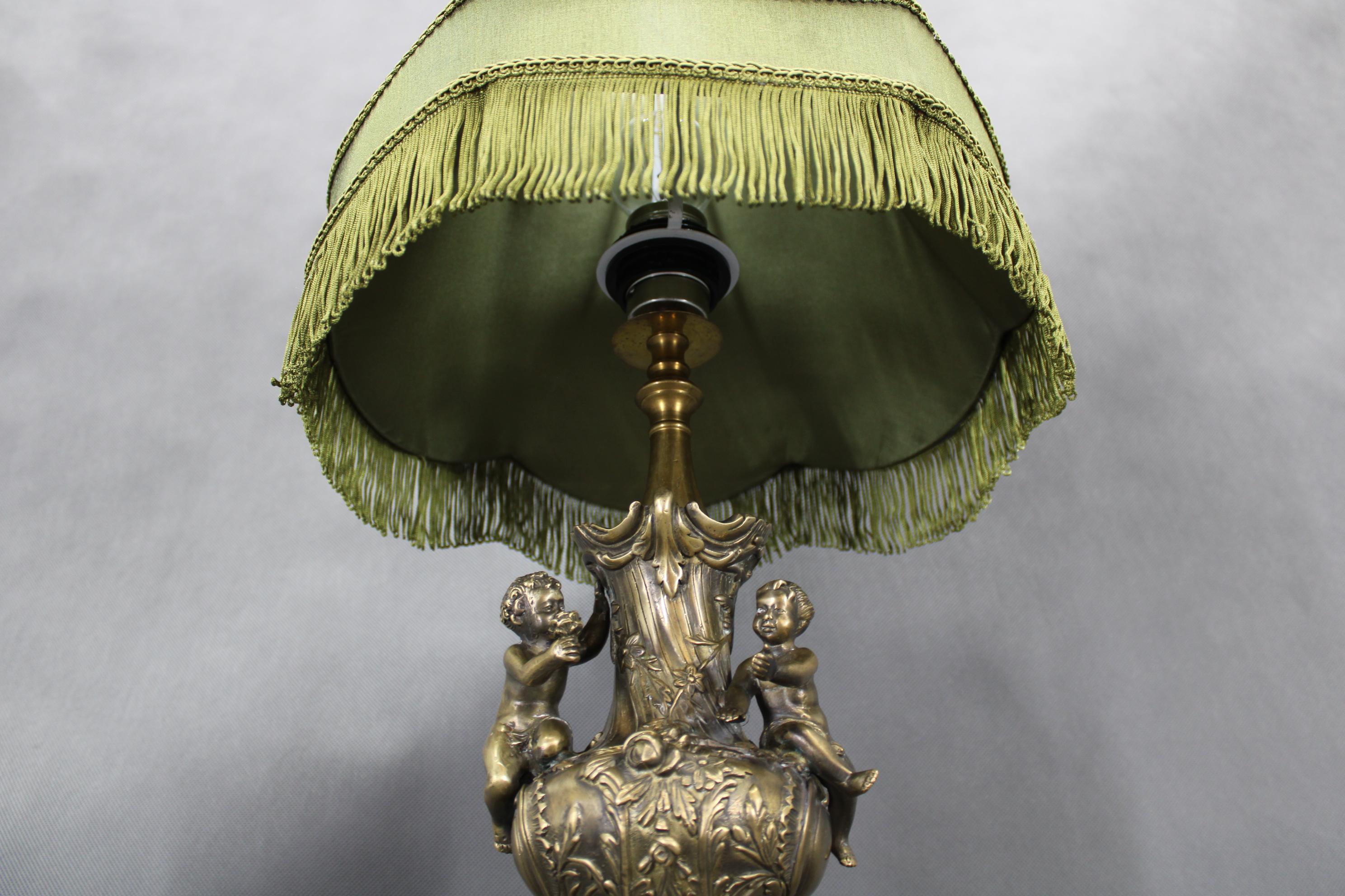 1940s Restored Brass and marble Table Lamp with Fabric Shade In Good Condition For Sale In Praha, CZ
