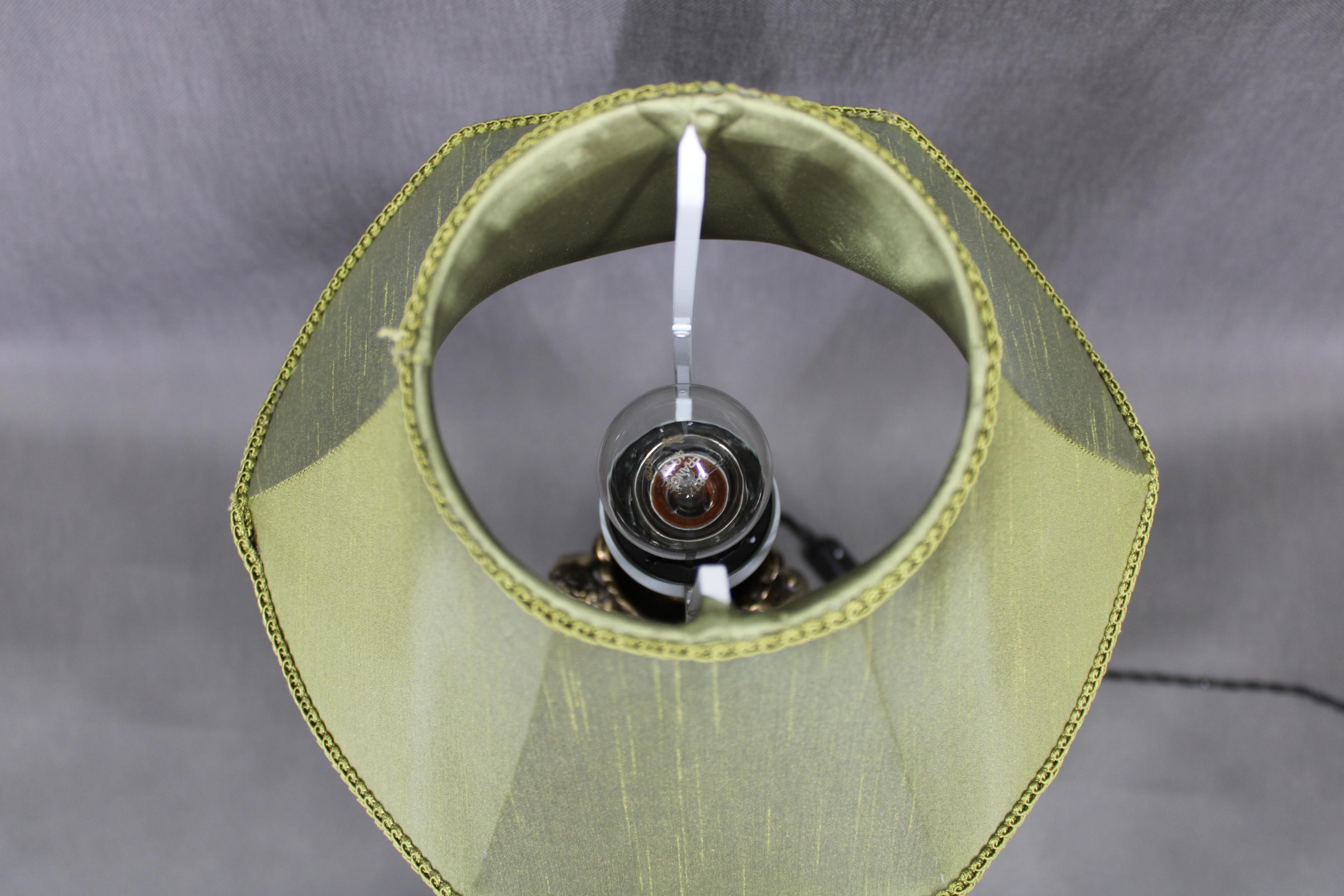 20th Century 1940s Restored Brass and marble Table Lamp with Fabric Shade For Sale