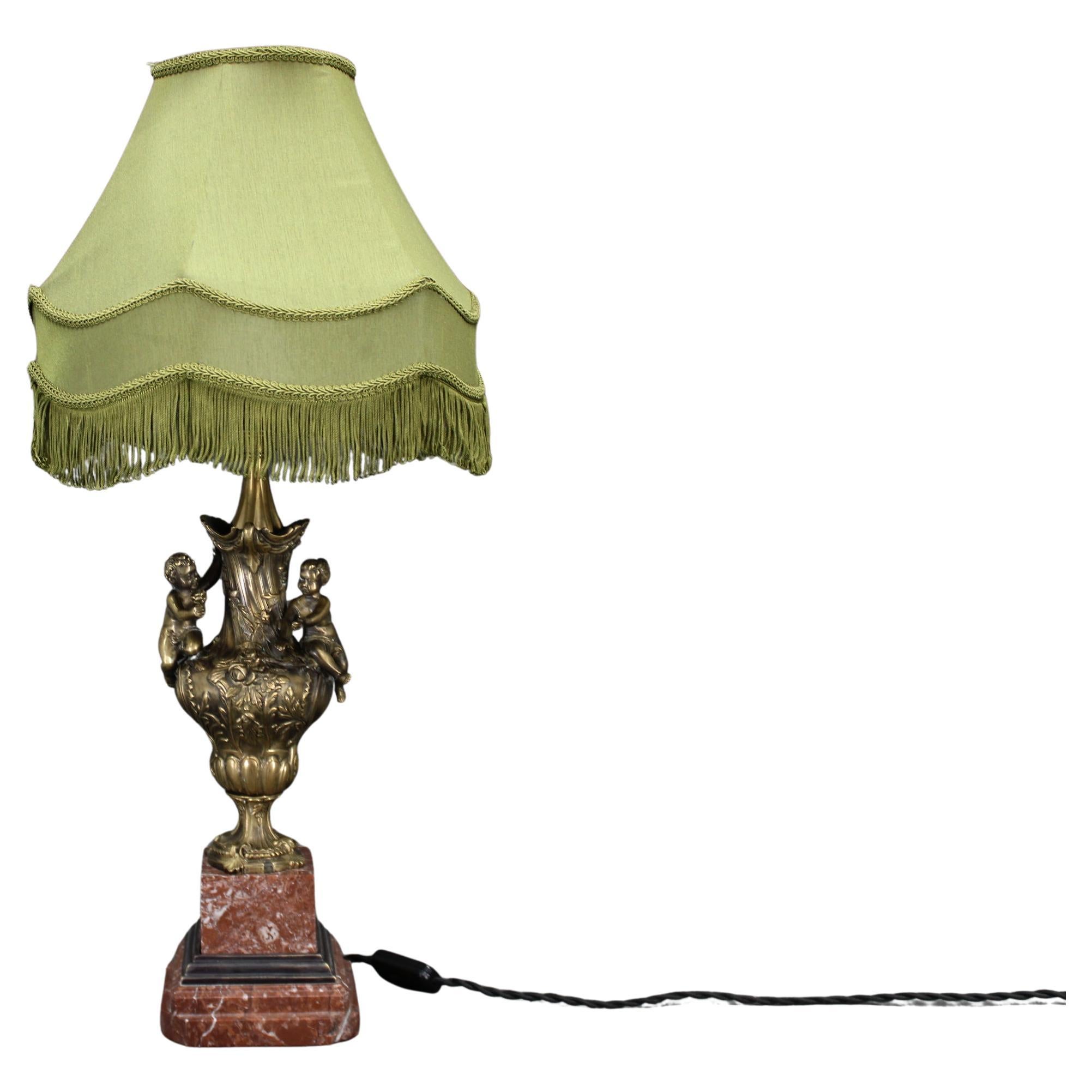 1940s Restored Brass and marble Table Lamp with Fabric Shade For Sale