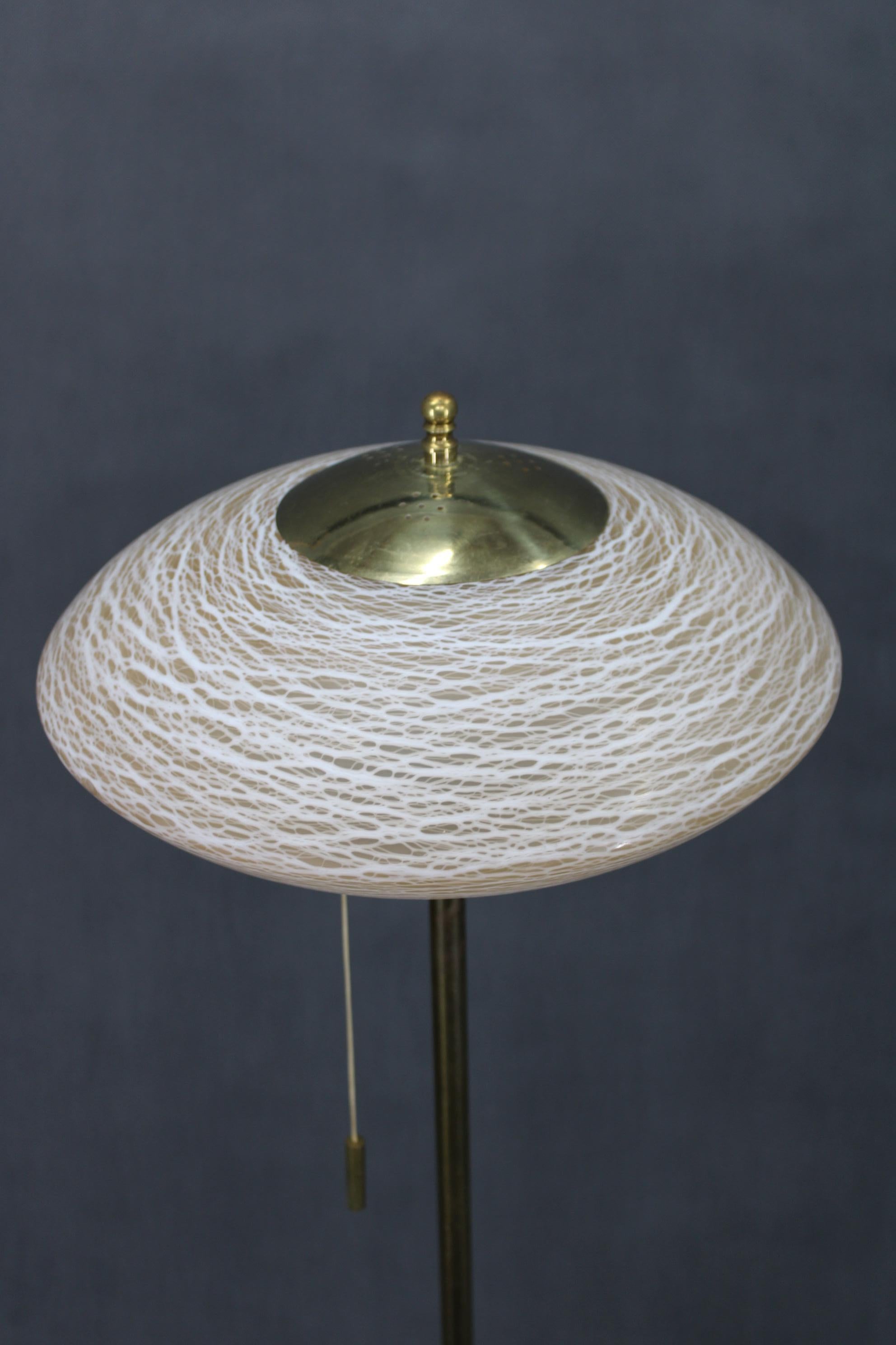 European 1940s Restored Brass Floor Lamp with  Glass Shade For Sale