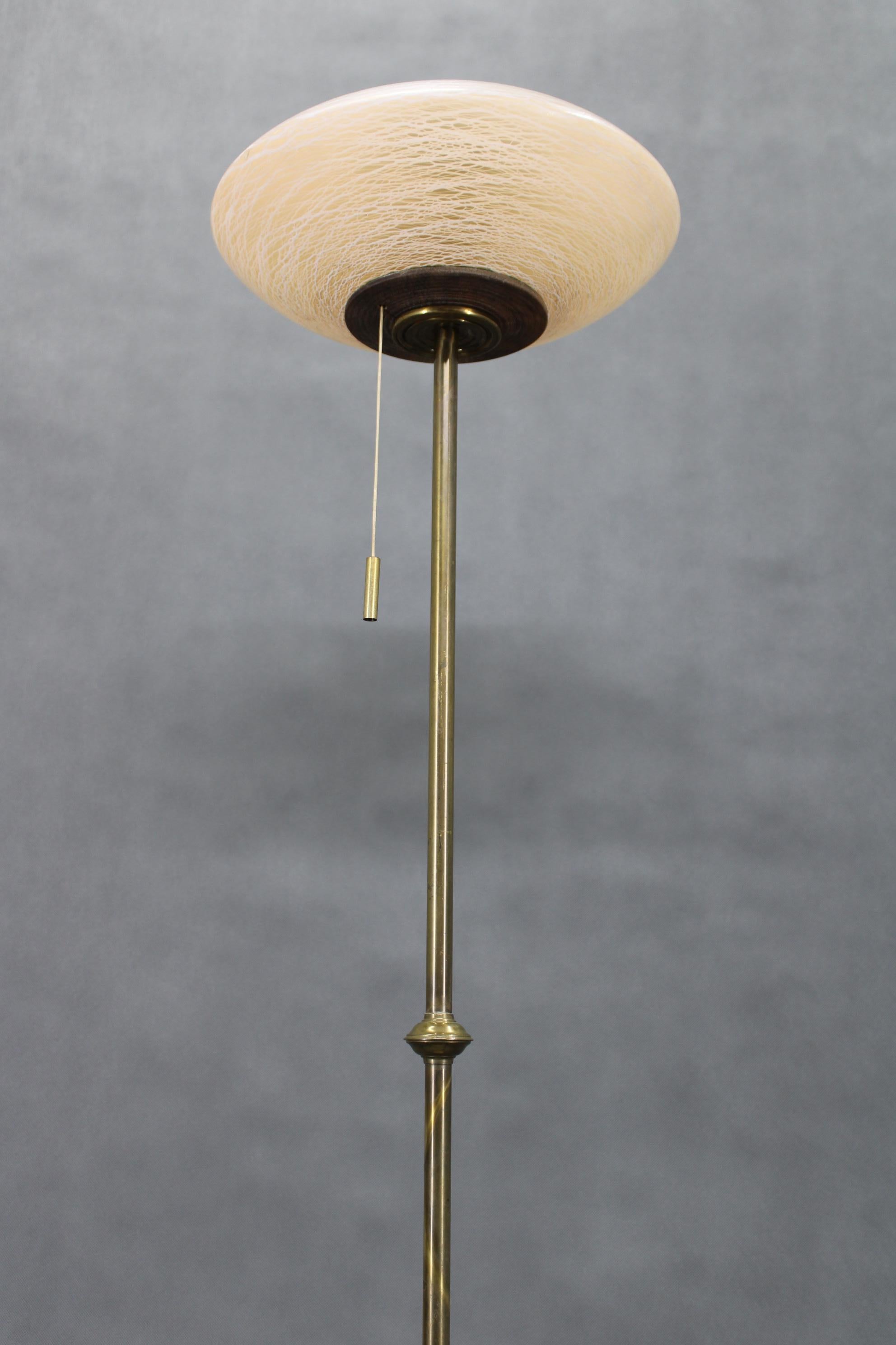 20th Century 1940s Restored Brass Floor Lamp with  Glass Shade For Sale