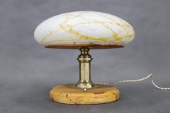 1940s Restored Brass Table Lamp with Wooden Base and Glass Shade