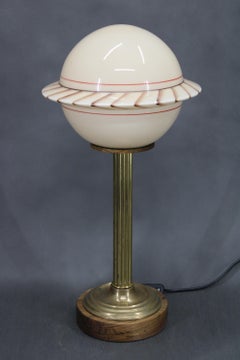 1940s Restored Brass Table Lamp with Wooden Base and Glass Shade