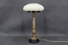 1940s Restored Brass Table Lamp with Wooden Base and Glass Shade
