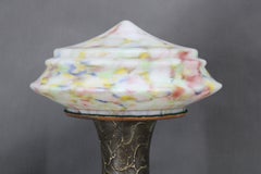 1940s Restored Brass Table Lamp with Wooden Base and Glass Shade