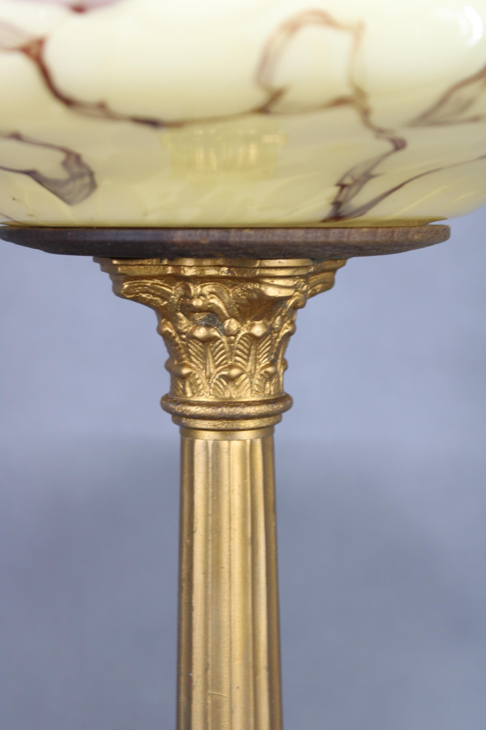 Art Deco 1940s Restored Brass Table Lamp with Wooden Base and Glass Shade For Sale