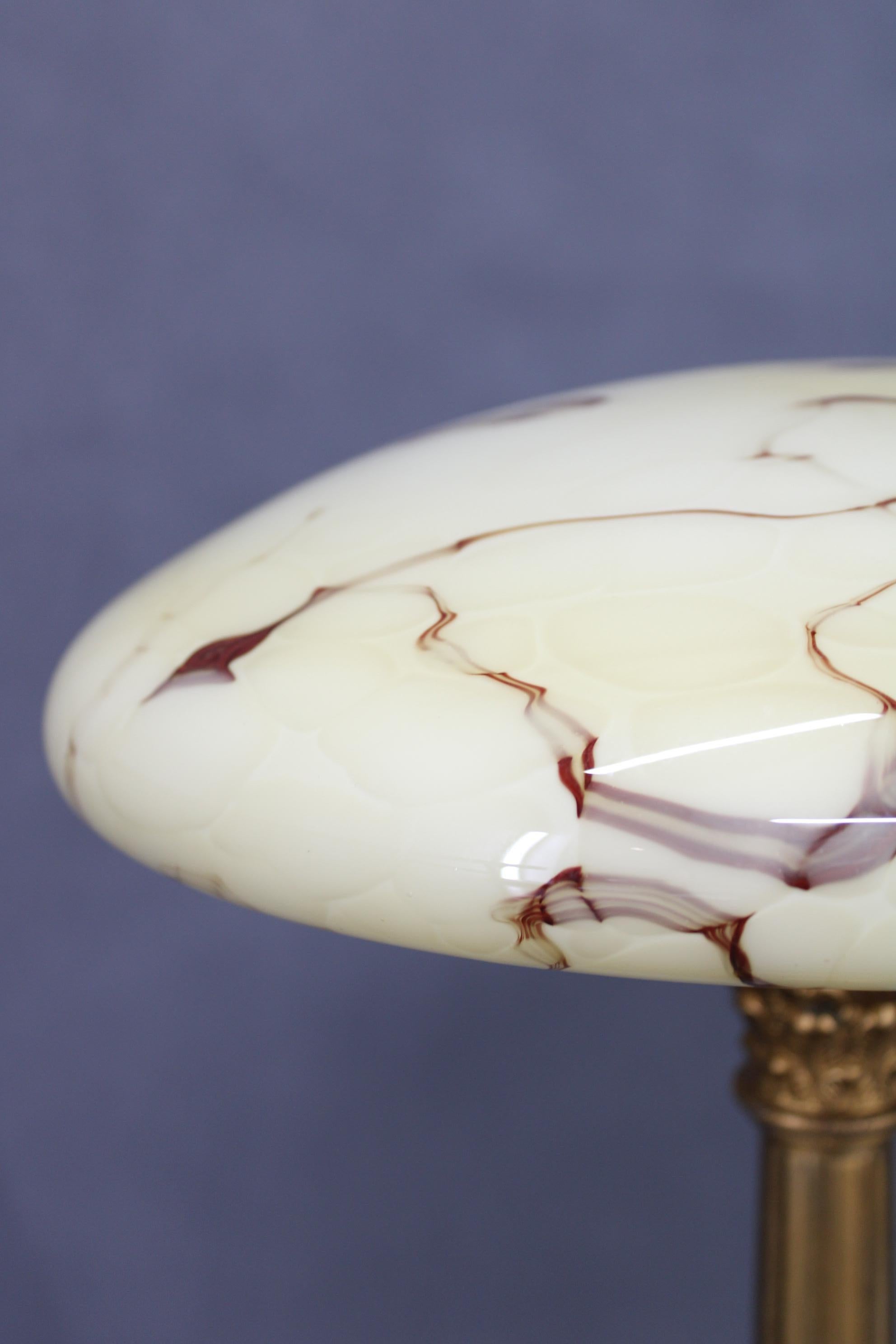 Unknown 1940s Restored Brass Table Lamp with Wooden Base and Glass Shade For Sale