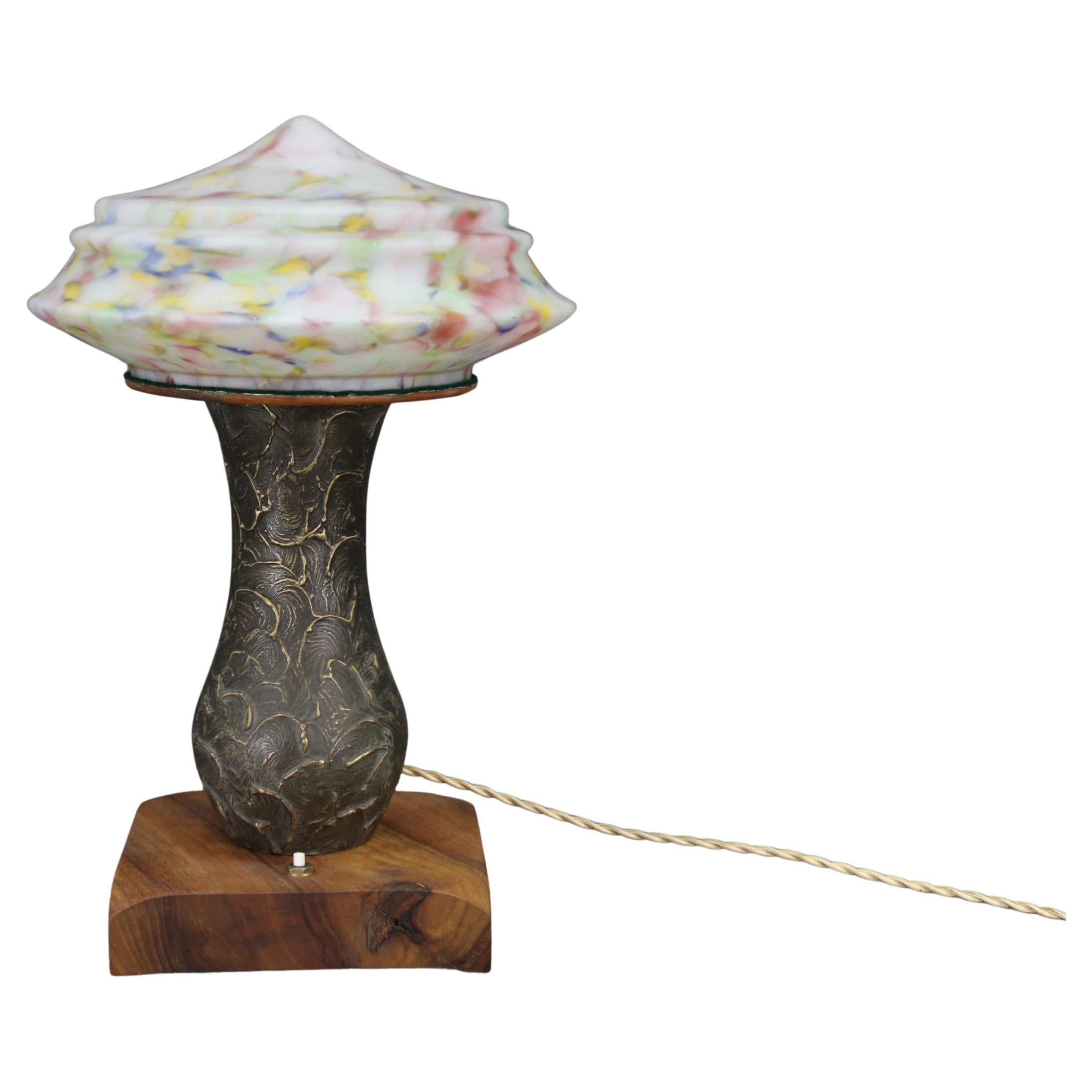1940s Restored Brass Table Lamp with Wooden Base and Glass Shade