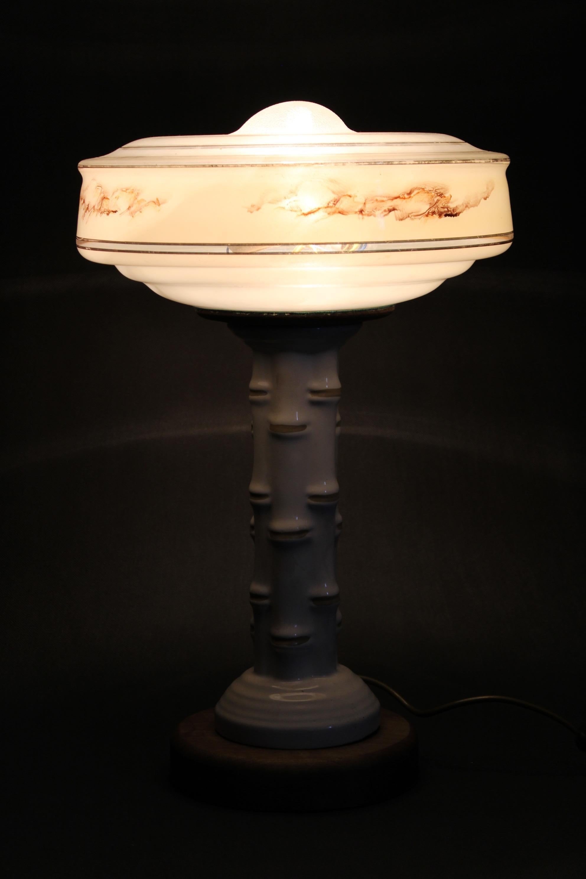 1940s Restored Ceramic Table Lamp with Glass Shade For Sale 3