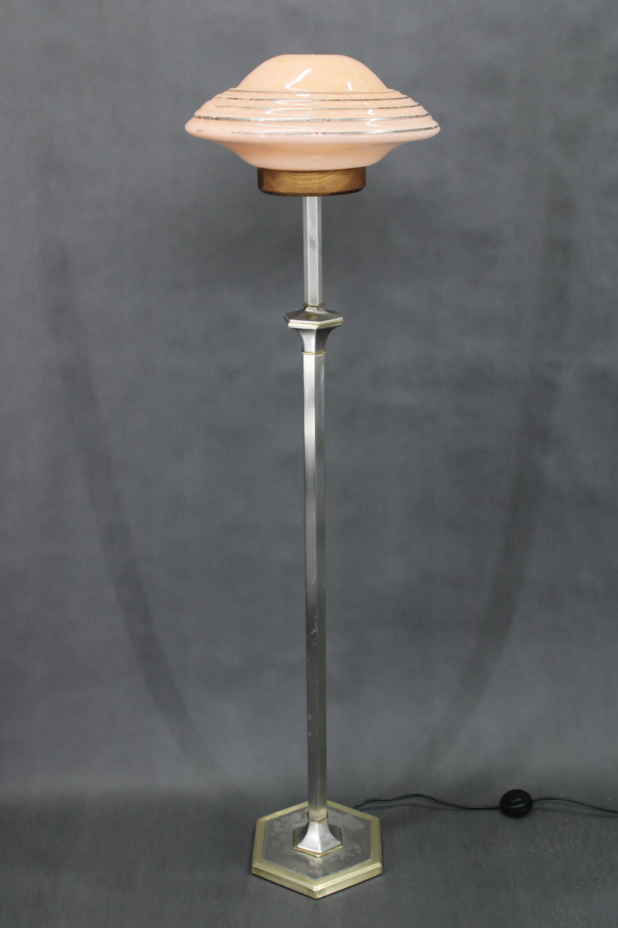 Mid-Century Modern 1940s Restored Nickel Floor Lamp with  Glass Shade For Sale
