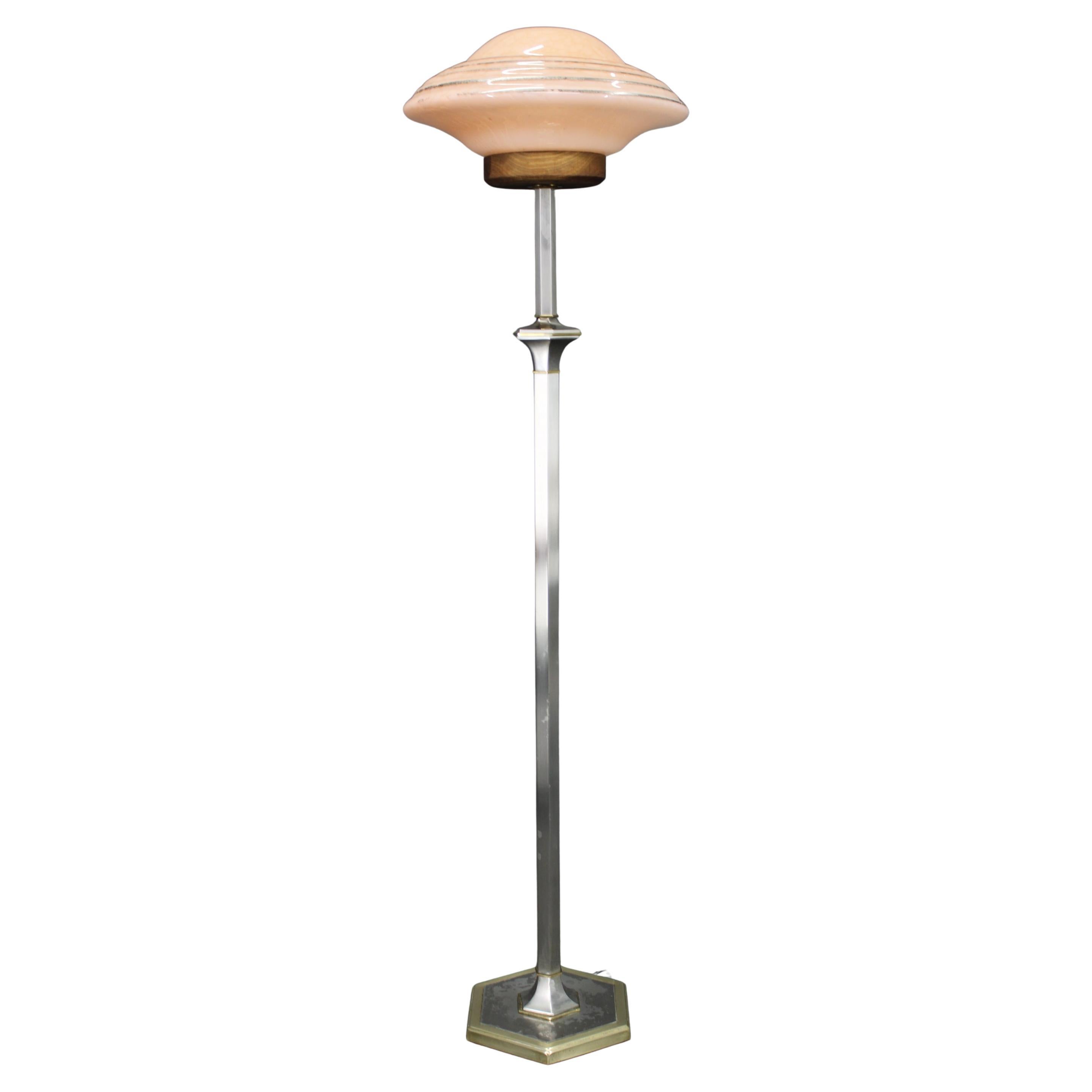 1940s Restored Nickel Floor Lamp with  Glass Shade