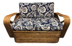 Restored Six-Strand Double Triangle Arm Tortoise Shell Rattan Settee