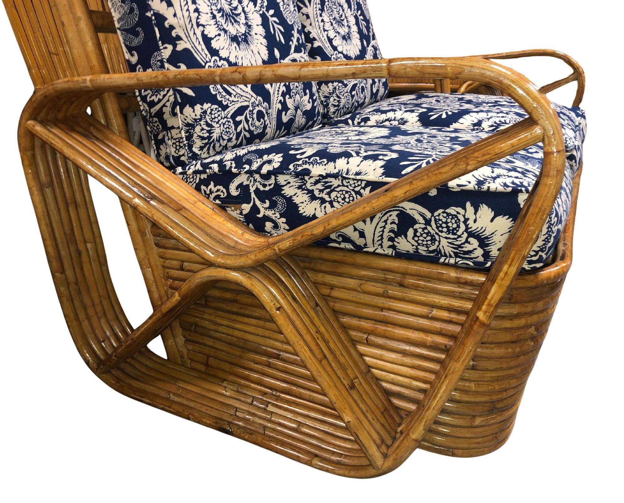 Mid-Century Modern Restored Six-Strand Double Triangle Arm Tortoise Shell Rattan Settee For Sale