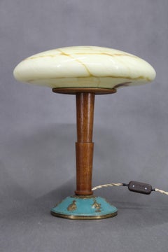 1940s Restored Wooden Table Lamp with Brass Base and Glass Shade