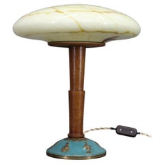 1940s Restored Wooden Table Lamp with Brass Base and Glass Shade